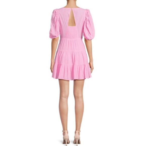 French Connection Birch Dress‎ Size 12 Pink Puff Sleeve V Neck Tiered Cutout NEW - Picture 2 of 13